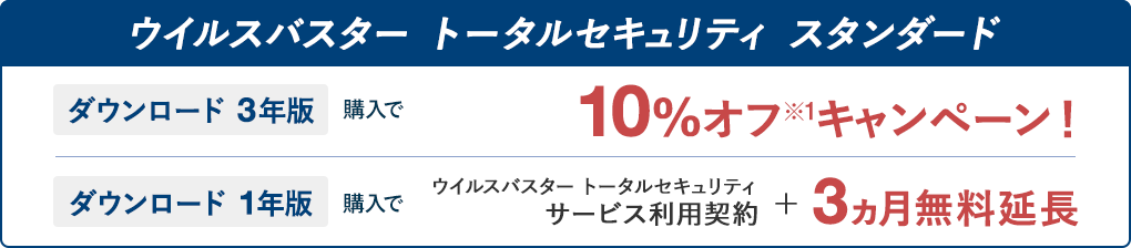 ウイルスバスター トータルセキュリティ スタンダード ダウンロード 3年版 購入で 10%オフ※1キャンペーン！ ダウンロード 1年版 購入で ウイルスバスター トータルセキュリティ サービス利用契約＋3ヵ月無料延長