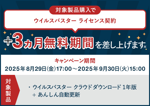 対象製品購入でウイルスバスター ライセンス契約+3ヵ月無料期間を差し上げます※