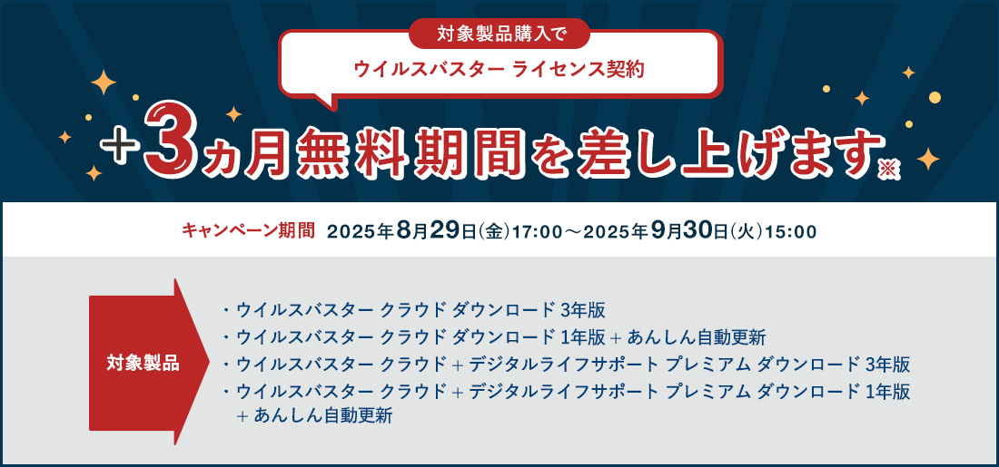対象製品購入で ウイルスバスター ライセンス契約+3ヵ月無料期間を差し上げます※
