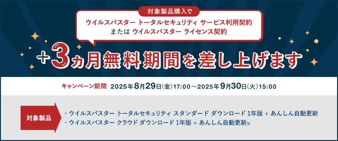 対象製品購入で ウイルスバスター トータルセキュリティ サービス利用契約 または ウイルスバスター ライセンス契約+3ヵ月無料期間を差し上げます