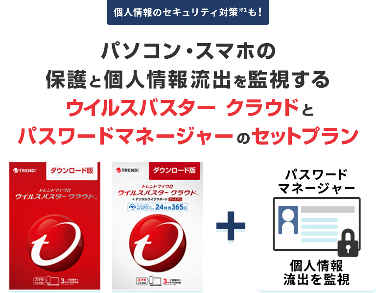 パソコン・スマホの保護と個人情報流出を監視するウイルスバスター クラウドとパスワードマネージャーのセットプラン
