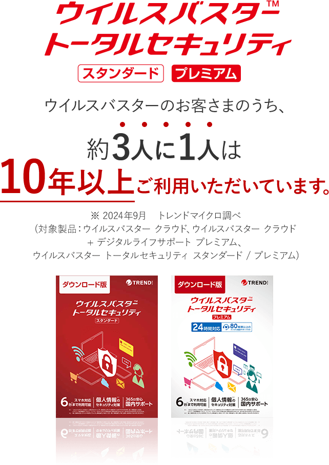 ウイルスバスター トータルセキュリティ スタンダード プレミアム ウイルスバスターのお客さまのうち、約3人に1人は10年以上ご利用いただいています。