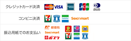 クレジットカード決済、コンビニ決済、振込用紙でのお支払い